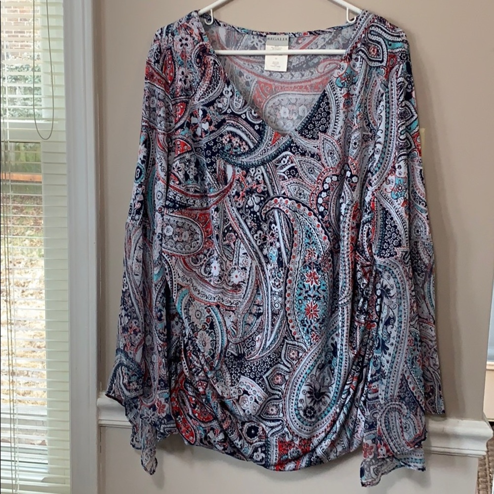 Regalia navy patterned Blouse bell sleeves Sz 3X